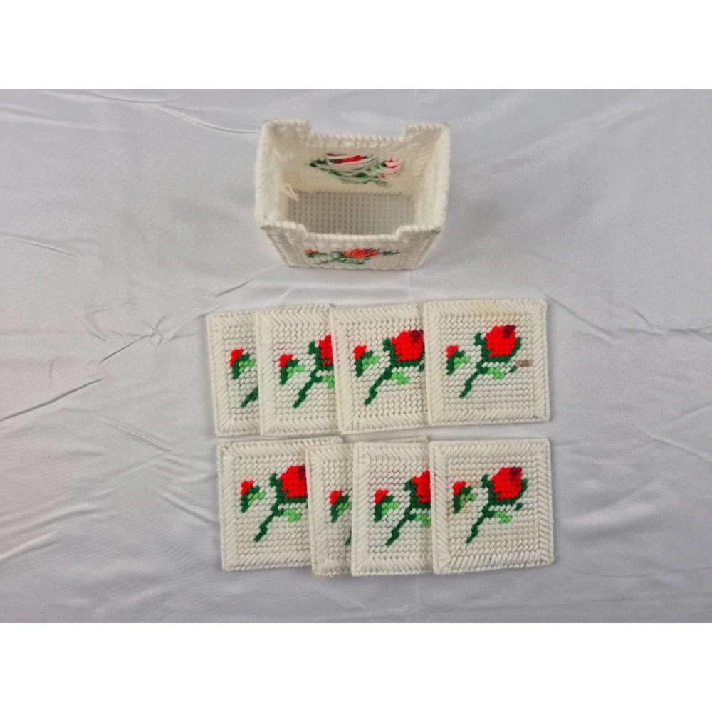 Vintage Handmade Plastic Canvas Coaster‎ Set 8pc Red Rose Floral Cottagecore